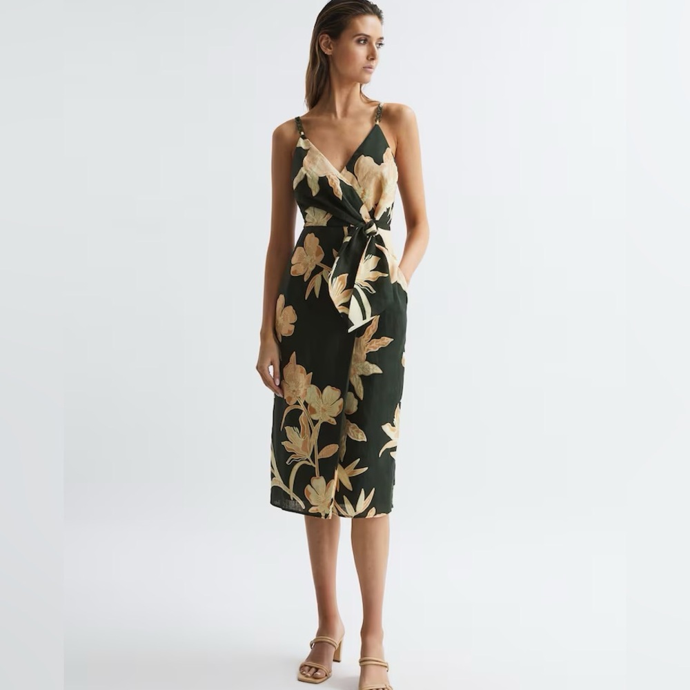 🛑SOLD🛑 REISS Alice Fitted Floral Print Midi Dress in Khaki Size 4 - Picture 3 of 12